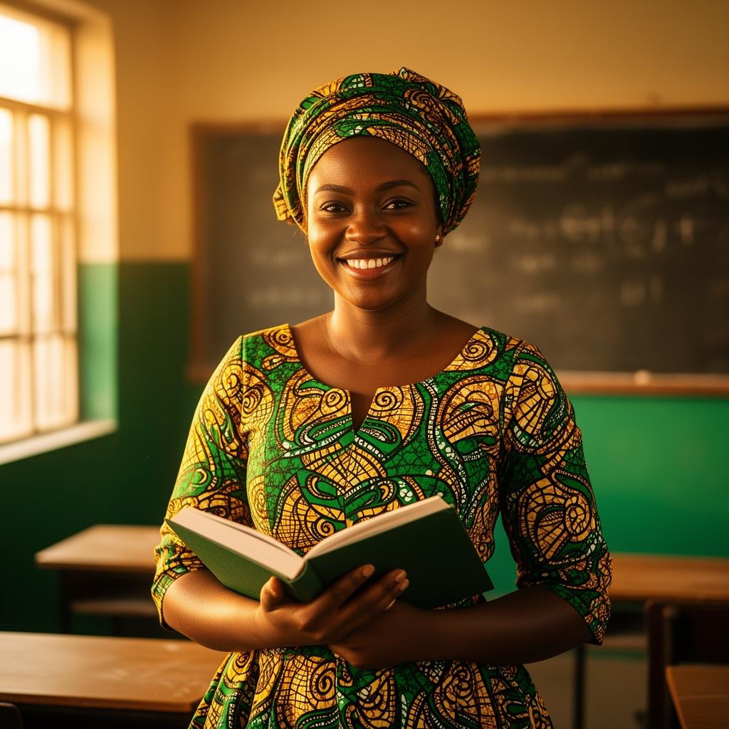 Smiling Nigerian teacher in traditional Ankara holding a book in a sunlit classroom
